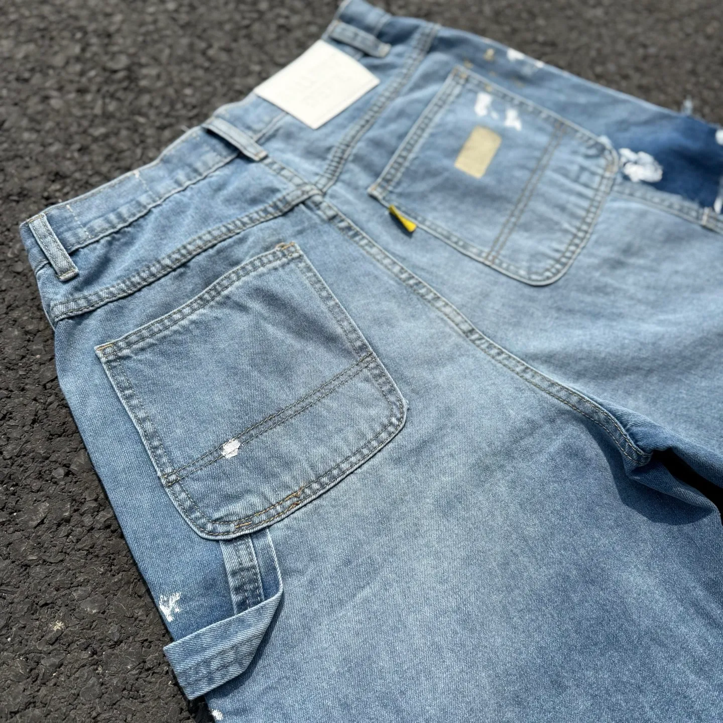 #8157 P200💰 GALLERY DEPT. Retro jeans men's and women's high street ink-splashed denim shorts. Time-consuming waste, hand-made inkjet is an indispensable highlight.   Customized buttons, the buckle surface has been oxidized and distressed, customized ykk zippers, the minimum order is extremely high, the details of the accessories are all in place, and the hangtag and packaging are as always.  Color: blue Size: S-XXL (corresponding to 28-36)